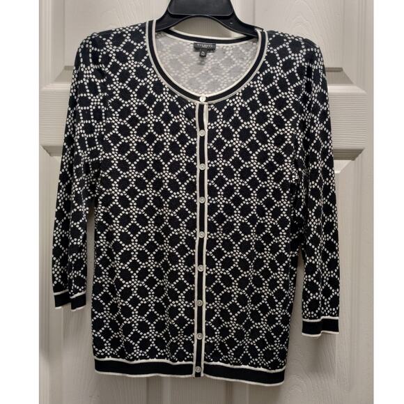 Talbots Size Medium Petite Black & White Geo-Pearl Button Up 3/4 Sleeve Cardigan - Picture 1 of 6